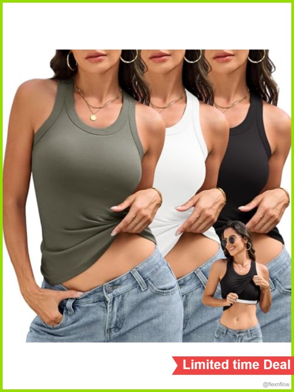 Women's Ribbed Tank Tops with Built-in Bra Racerback 3 Pack